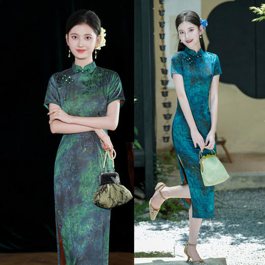 GX复古国风长款花萝提花短袖旗袍2025初秋新款改良中式旗袍裙 商品图0