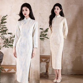 GX复古中国风素雅格子长款七分袖旗袍2025早秋新款年轻款中式旗袍裙