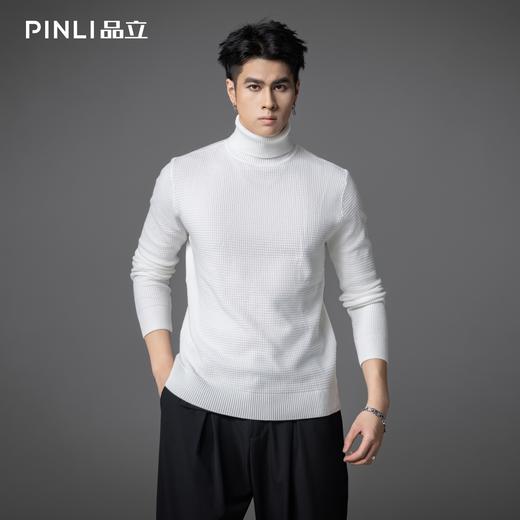 PINLI品立2025秋季新款男士修身高领提花格子打底毛衣套头针织衫GD253110077 商品图1