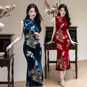 GX时尚改良丝绒烫金长款无袖鱼尾旗袍裙2025初秋新款日常可穿旗袍裙