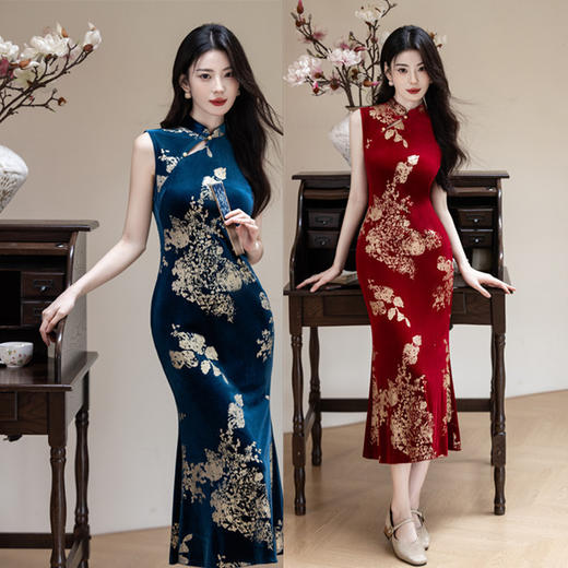 GX时尚改良丝绒烫金长款无袖鱼尾旗袍裙2025初秋新款日常可穿旗袍裙 商品图0