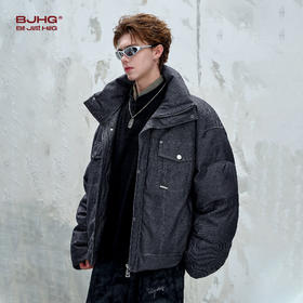 BJHG不计后果工装夹克棉服男款冬季美式仿牛仔棉衣PU皮棉袄外套男