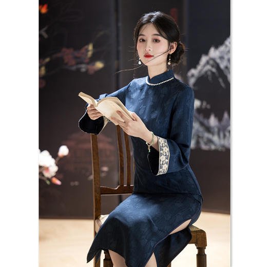 GX提花棉麻长款倒大袖旗袍2025秋冬新款时尚改良年轻款气质国风旗袍 商品图3