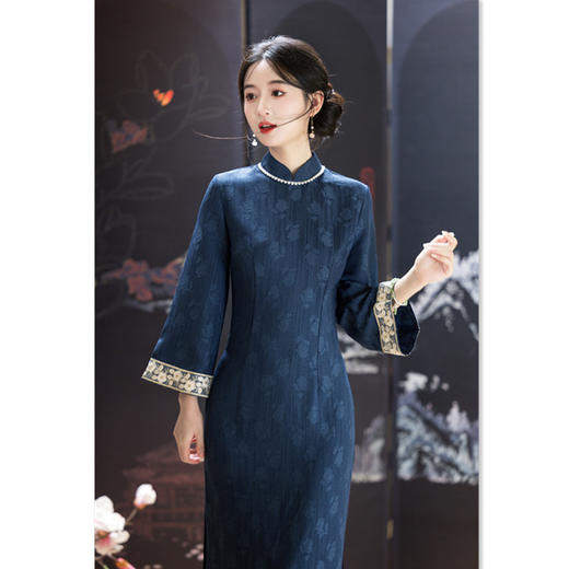 GX提花棉麻长款倒大袖旗袍2025秋冬新款时尚改良年轻款气质国风旗袍 商品图0