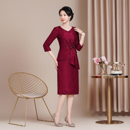 HYX高级感女修身旗袍连衣裙百褶国潮婚宴装敬酒妈妈装气质中袖 商品图2