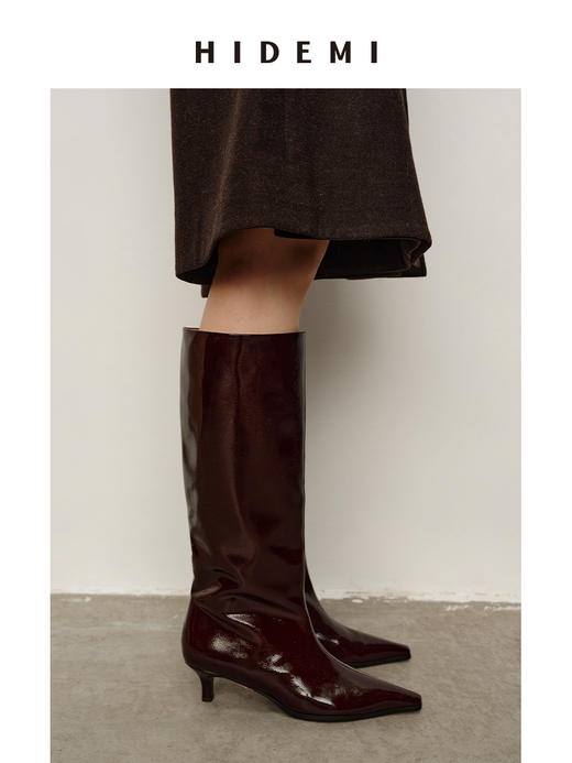 HIDEMI 进口做旧牛漆皮尖头设计感小猫跟长靴手工宽筒骑士靴 商品图3
