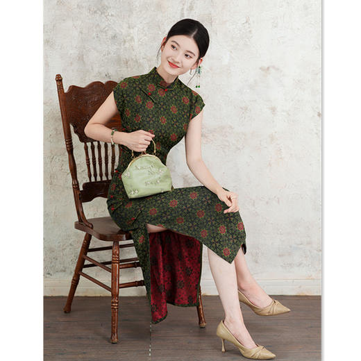 GX时尚改良新中式涤棉提花长款连袖旗袍2025初秋款日常可穿年轻旗袍 商品图3