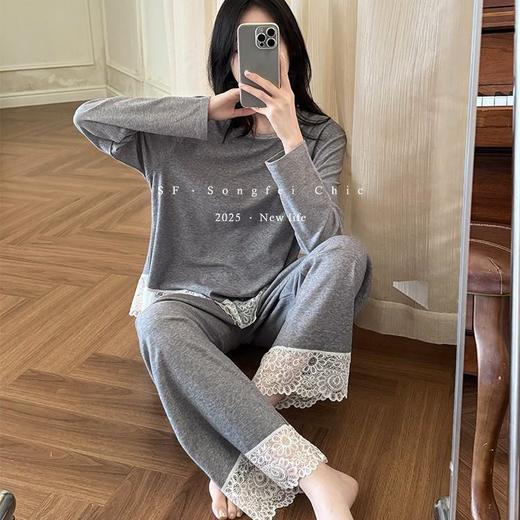 【莱赛尔蕾丝圆领磨毛睡衣】套装秋冬新款莱赛尔宽松柔软家居服二件套女 商品图1