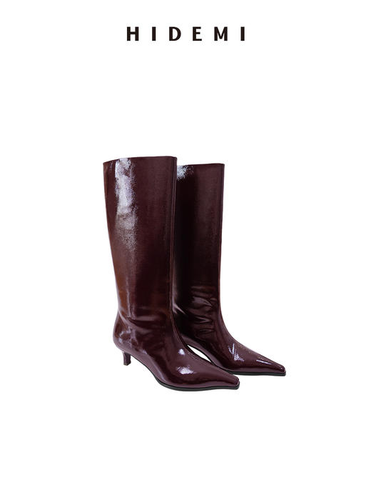 HIDEMI 进口做旧牛漆皮尖头设计感小猫跟长靴手工宽筒骑士靴 商品图11