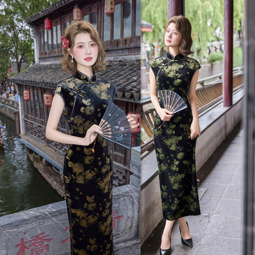 GX现代时尚改良新中式长款丝绒坎肩袖旗袍2025初秋新款日常修身旗袍 商品图1