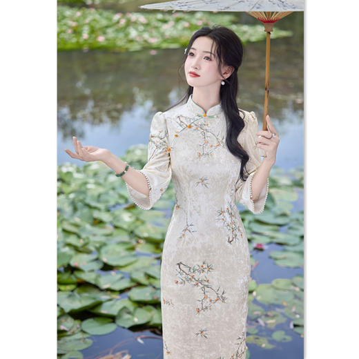 GX新中式素雅丝绒旗袍2025秋新款气质少女小个子修身国风大小姐旗袍 商品图0