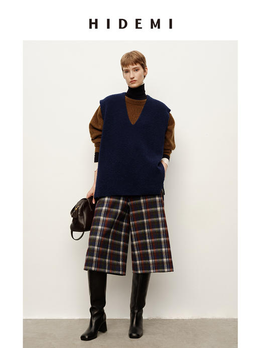 HIDEMI 复古色织格纹羊毛阔腿宽松休闲裤加厚毛呢中长裤配靴神裤 商品图7