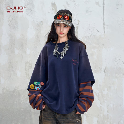 BJHG不计后果复古卫衣男款秋季美式街头宽松舒适假两件工装上衣女 商品图1