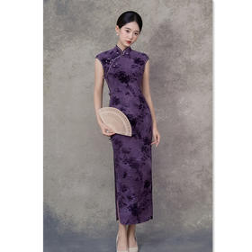 GX扎染植绒长款旗袍2025初秋新款复古国风弹力旗袍