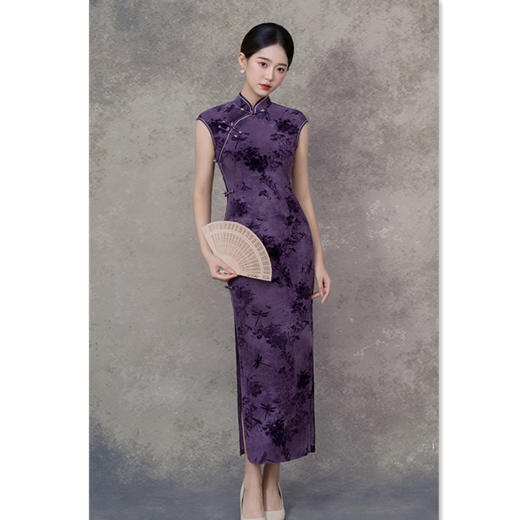 GX扎染植绒长款旗袍2025初秋新款复古国风弹力旗袍 商品图0