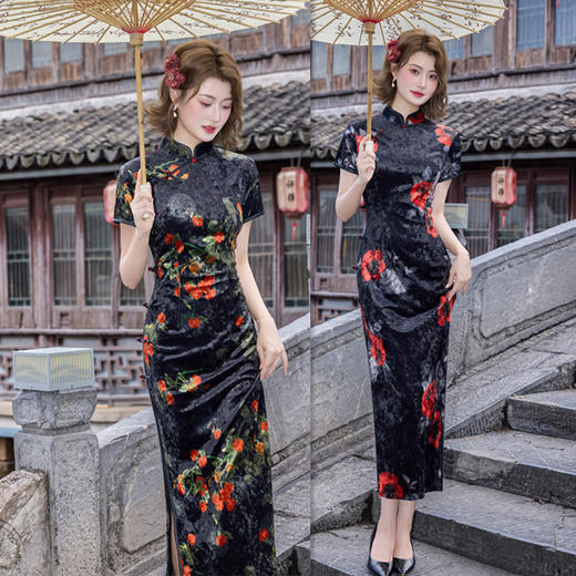 GX长款丝绒短袖旗袍2025秋季新款复古中国风高级感旗袍裙 商品图3