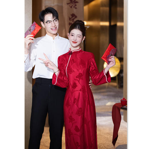 GX蕾丝提花单层新款温婉优雅淑女红旗袍2025秋季订婚长袖旗袍 商品图2