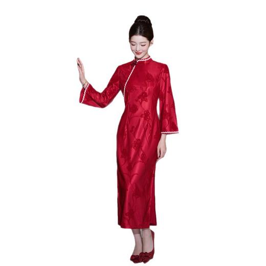 GX蕾丝提花单层新款温婉优雅淑女红旗袍2025秋季订婚长袖旗袍 商品图4