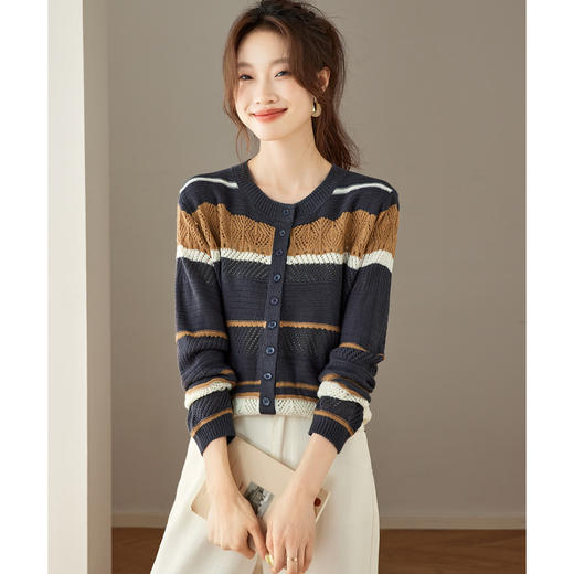 CC27-25113款针织衫条纹镂空减龄拼接开衫外搭高级感配裙子早秋新 商品图2