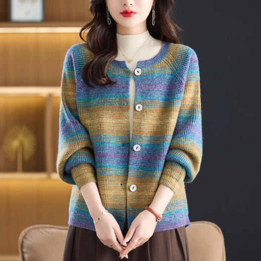 CC10-6589设计感撞色彩虹条纹圆领针织开衫2025年秋季韩版减龄蝙蝠毛衣外套 商品图2