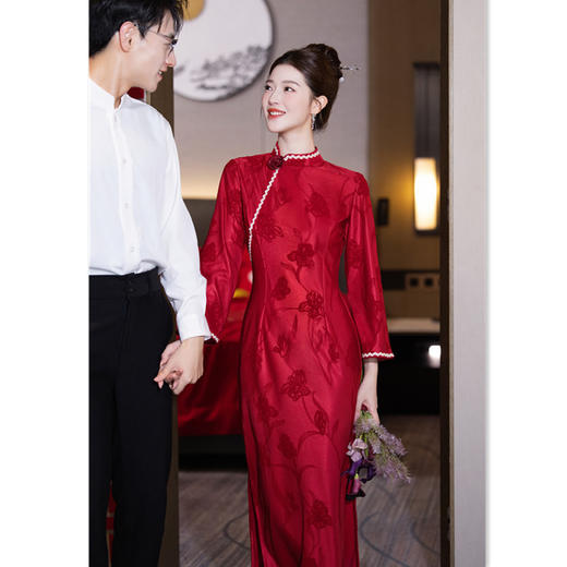 GX蕾丝提花单层新款温婉优雅淑女红旗袍2025秋季订婚长袖旗袍 商品图0