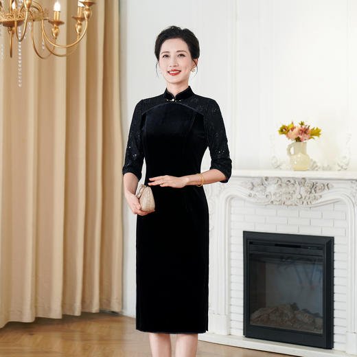 HYX秋季新款高级感旗袍连衣裙国潮婚宴气质中袖修身日常穿拼接 商品图0