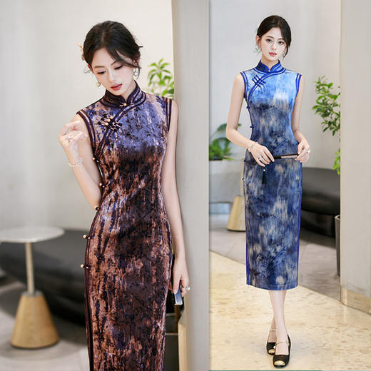 GX复古国风改良新中式长款港风旗袍2025初秋款修身显瘦丝绒无袖旗袍 商品图0