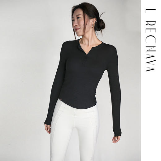 L RECNAVA 莫代尔软糯长袖针织 竖纹纽扣半开襟打底衫 商品图2