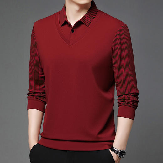 【男士polo衫长袖】高端商务休闲男装假两件翻领条纹T恤上衣 商品图4