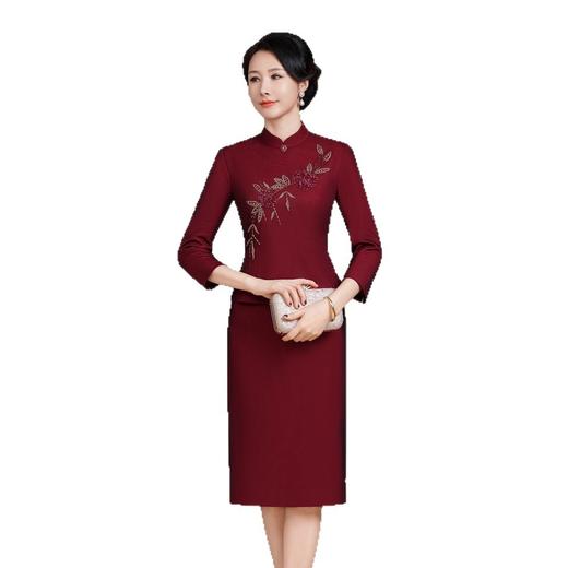 HYX国风旗袍套装两件套改良版立领上衣短裙钉珠时尚敬酒服长袖女 商品图4