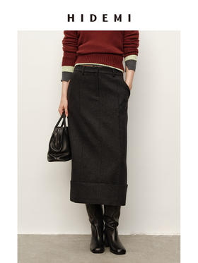 HIDEMI 进口羊毛厚款毛呢半裙立裁立体压褶折纸翻边设计感长裙