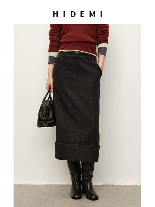 HIDEMI 进口羊毛厚款毛呢半裙立裁立体压褶折纸翻边设计感长裙 商品图0