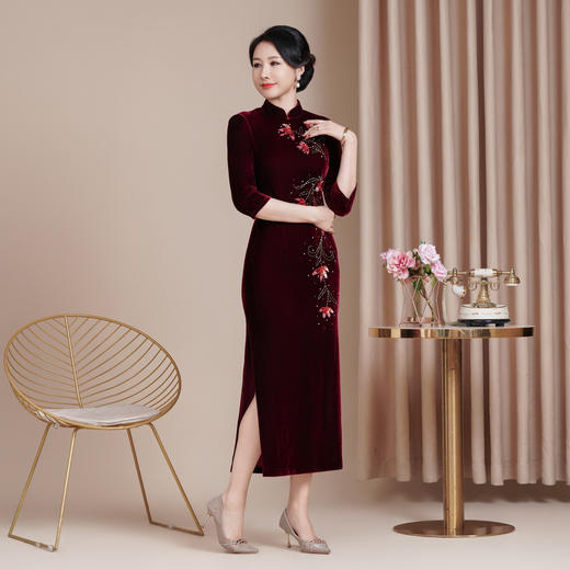 HYX秋冬新款修身丝绒旗袍女高级感喜婆婆喜妈妈敬酒服长款 商品图2