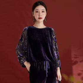 国风印花拼接真丝丝绒，复古上衣圆领气质时尚SM-12501331