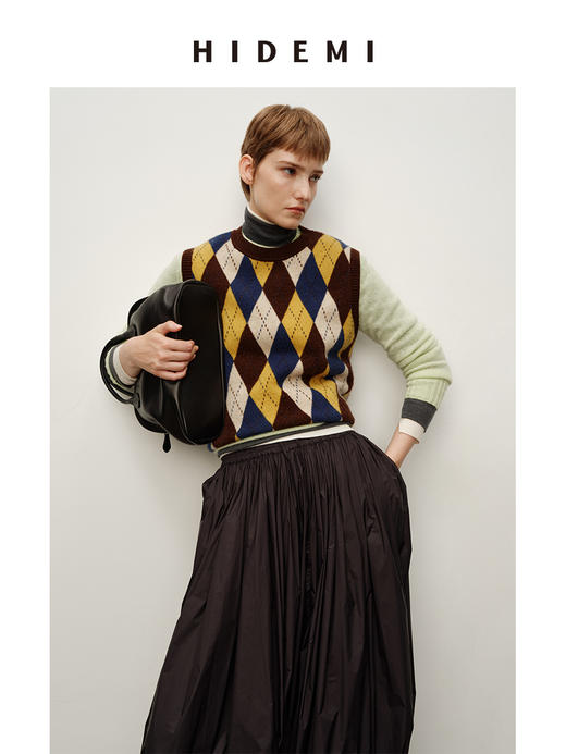 HIDEMI 进口美利奴羊毛原创复古手绘图案无袖套头毛衣中厚款背心女 商品图4