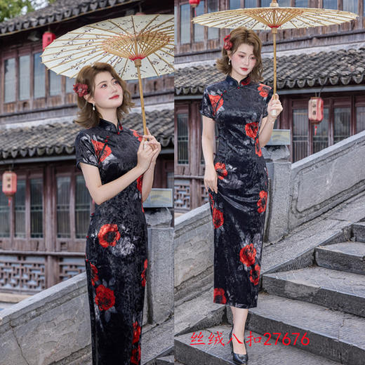 GX长款丝绒短袖旗袍2025秋季新款复古中国风高级感旗袍裙 商品图2