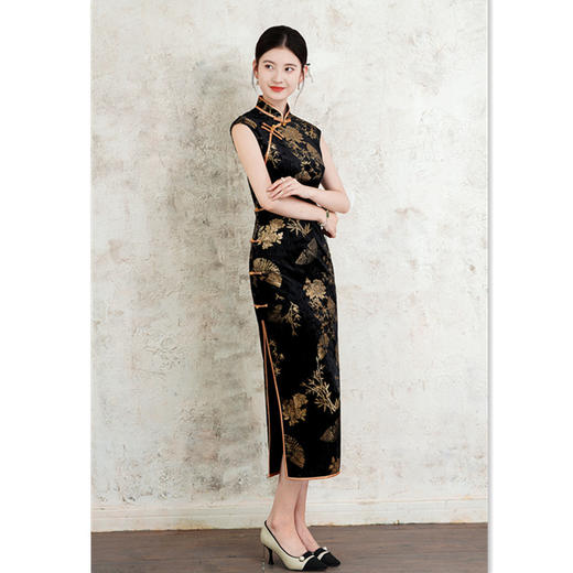 GX复古中国风冰花绒烫金长款无袖旗袍2025初秋新款时尚气质高雅旗袍 商品图0