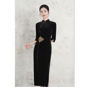 GX早秋新款中国风金丝绒绣花长款复古旗袍2025改良时尚高级感旗袍裙