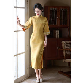 GX现代时尚改良新中式长款倒大袖旗袍2025秋新款麂皮绒单层日常旗袍