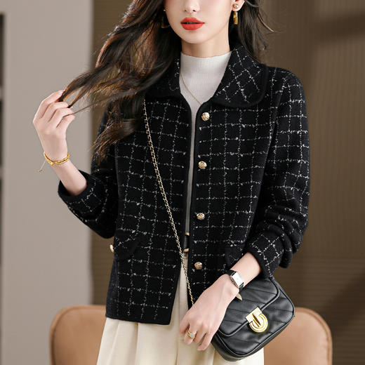 QG-6046高级感毛呢外套春秋加厚格子翻领上衣2025新款大码胖妹妹开衫显瘦 商品图1
