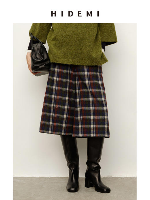 HIDEMI 复古色织格纹羊毛阔腿宽松休闲裤加厚毛呢中长裤配靴神裤 商品图0