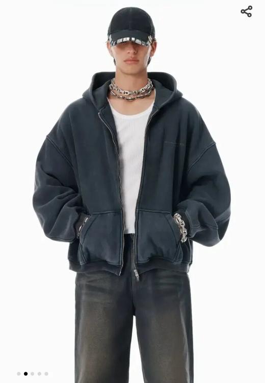 大王情侣款重磅水洗成衣染色做旧连帽拉链衫卫衣 商品图1