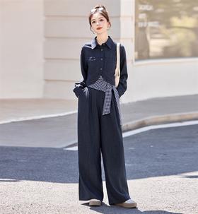 休闲时尚方格牛仔套装，高腰宽松显瘦阔腿裤三件套HR-YF2613