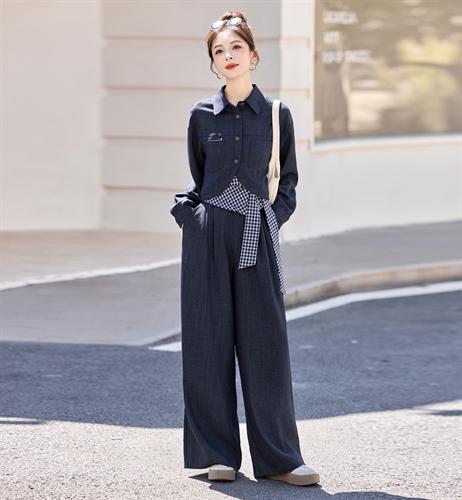 休闲时尚方格牛仔套装，高腰宽松显瘦阔腿裤三件套HR-YF2613 商品图0