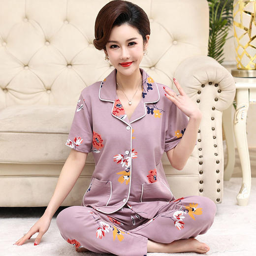100%纯棉睡衣女夏季短袖长裤中年妈妈，大码开衫套装中老年人家居服LJX-878 商品图0