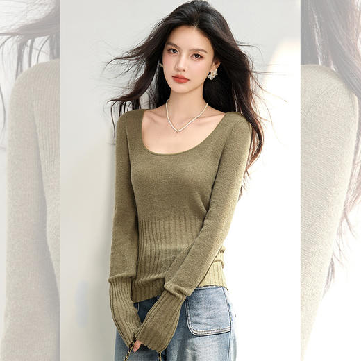 西遇圆领软糯针织毛衣女秋季新款绿色内搭长袖修身打底衫SS051480 商品图4