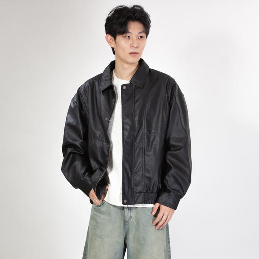 DRONKOO 2025 翻领前后破缝荔枝纹下摆橡筋微阔中厚皮衣 商品图1