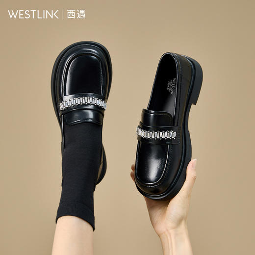 西遇黑色乐福鞋女新款秋季百搭一脚蹬通勤单鞋软底低跟小皮鞋K1857090 商品图0