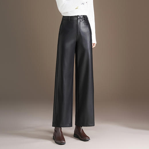 MYX小个子九分PU皮裤2025年秋季新款垂感修身直筒裤减龄洋气阔腿裤女 商品图1