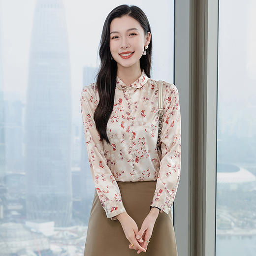 丁摩 真丝长袖衬衫春秋季新款时髦气质印花真丝衬衫优雅5ZF-9157 商品图3